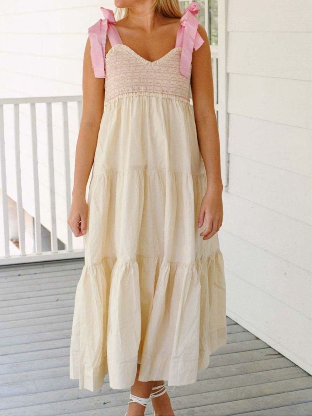 Cream Tiered Midi Dress with Pink Bow Straps